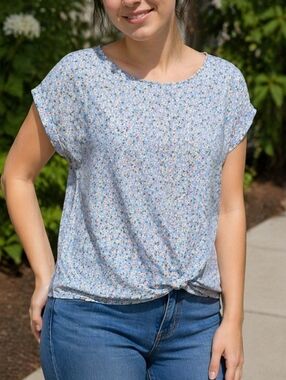 Hippie Rose Ditsy Floral Front Twist Top Blue Cottagecore Baby Tee Short Sleeve